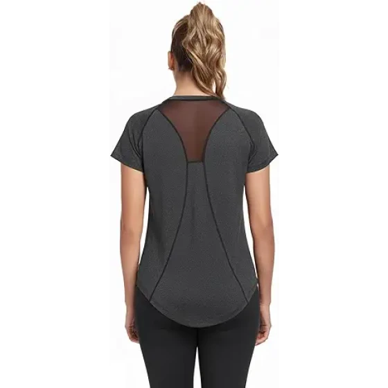 女士运动上衣 宽松短袖健身衫 网眼后背长款运动T恤 适合跑步、健身、瑜伽、普拉提