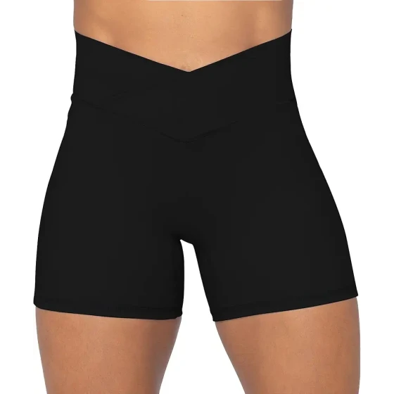 Sunzel 女士交叉骑行短裤，无前缝V领高腰瑜伽运动健身短裤，带收腹功能