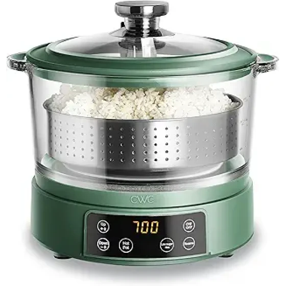 COOK WITH COLOR 3升玻璃迷你低碳水电饭煲 – 可煮2杯生米/煮6杯熟米，配备自动升降滤篮、火锅和蒸笼，适用于米饭、谷物，带保温功能的数码面板，深鼠尾草色