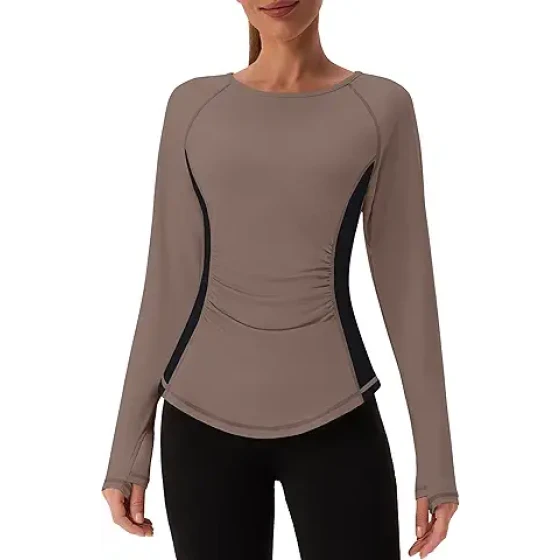 BMJL 女士运动上衣 长袖T恤 撞色修身秋季上衣 健身服 女式衬衫套装