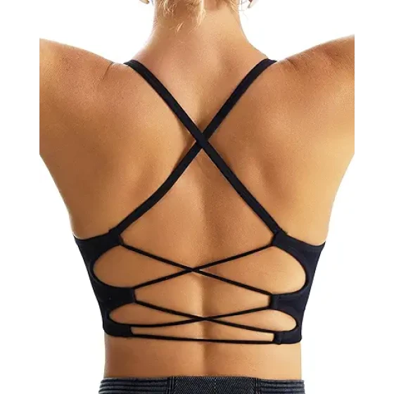 RUNNING GIRL 女士运动文胸，性感交叉后背无缝衬垫运动文胸，中等支撑，带可拆卸衬垫