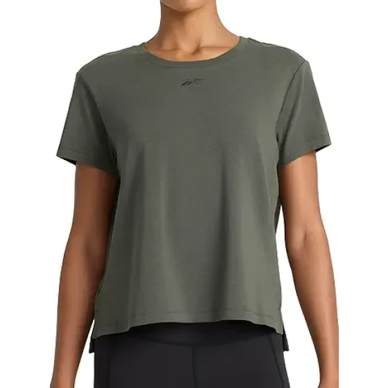 Reebok 女款刺绣印花圆领T恤，标准版型，轻盈弹力棉面料