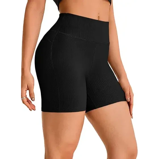 Aoysky 女士高腰骑行短裤 5 英寸罗纹针织运动跑步健身瑜伽短裤
