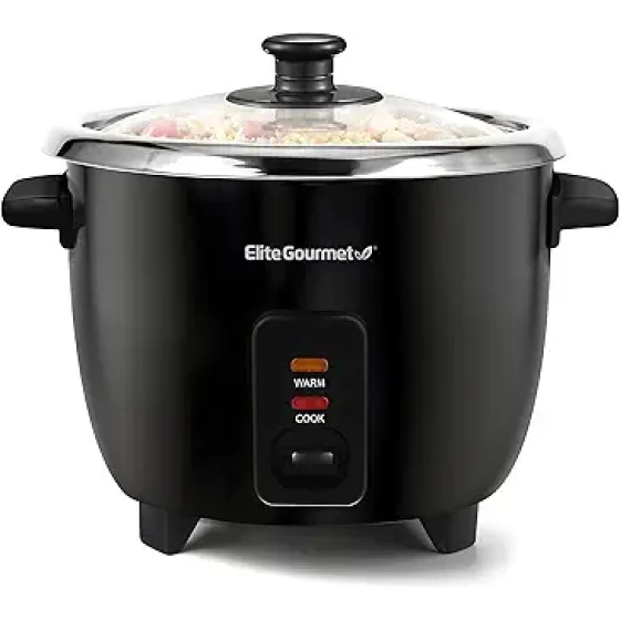 Elite Gourmet ERC006SS 6杯容量电饭煲，不锈钢内胆，可煮汤、炖菜、粥、谷物和麦片，6杯容量（3杯生米），黑色