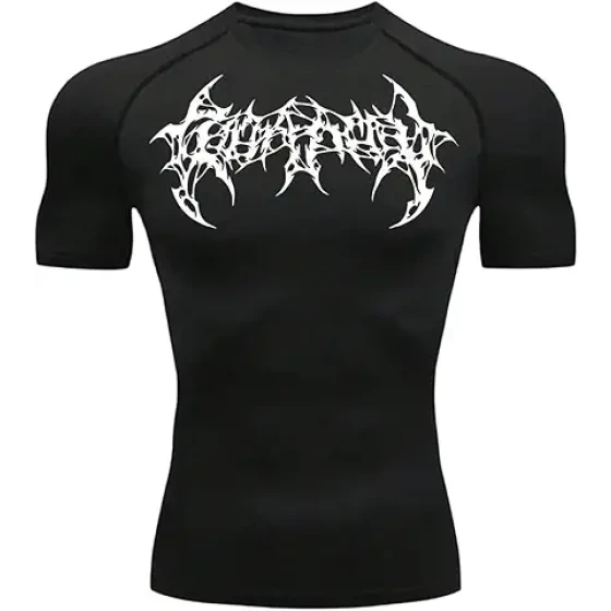 SOLY HUX 男士运动压缩衣 哥特风图案短袖运动T恤 跑步健身上衣