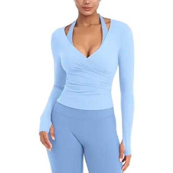 YEOREO Minniy 女士运动裹身长袖上衣，带拇指孔，V领基础款上衣，适合瑜伽、普拉提、外出等运动，可作披肩上衣穿着