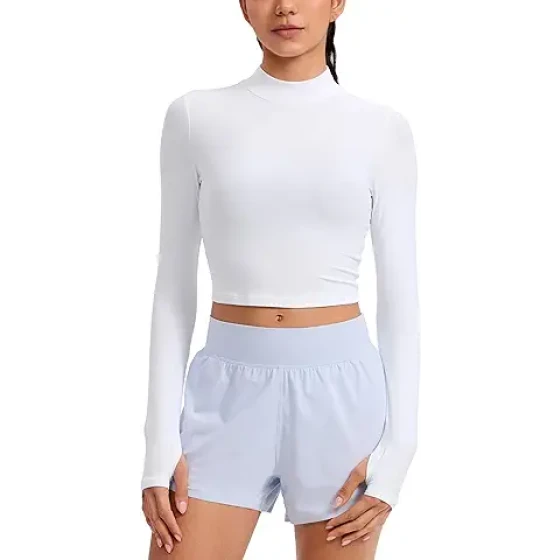 CRZ YOGA 女士轻盈短款高领运动衫 - 健身运动长袖上衣，柔软舒适，带拇指孔