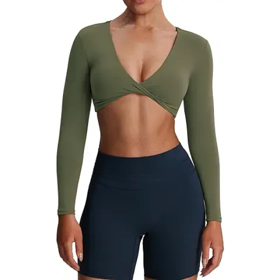 Aoxjox 女士长袖露脐上衣 Metamorph Sienna Twist 深V 运动露脐T恤