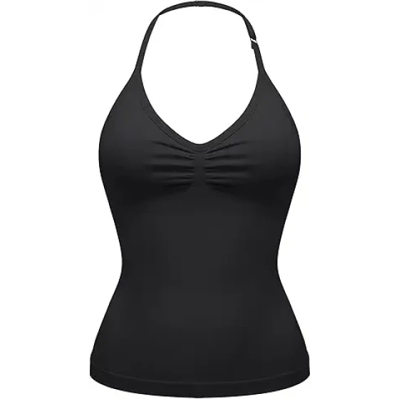 OLCHEE 女士吊带背心 V 领露背长款吊带可调节健身运动上衣（带衬垫）