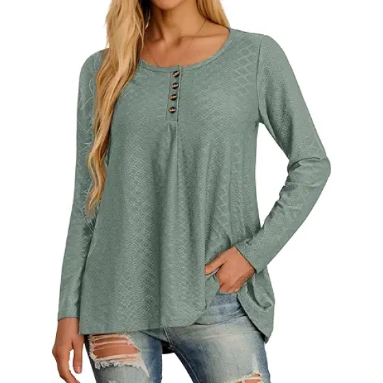 AWULIFFAN 女士长袖圆领束腰上衣休闲镂空束腰上衣纽扣衬衫