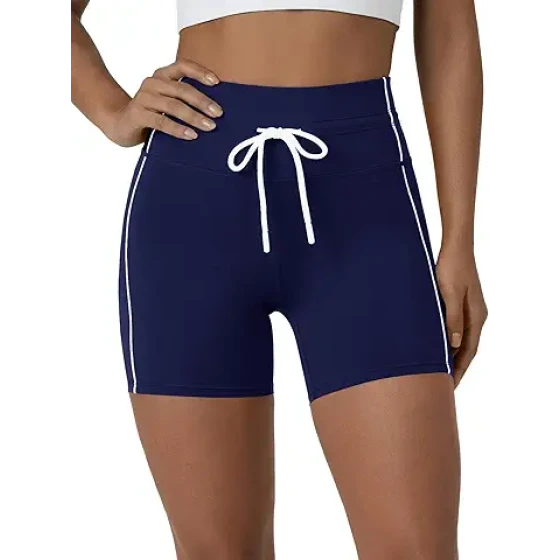 Aoysky 女士超柔软抽绳骑行短裤 5 英寸高腰运动瑜伽短裤跑步健身运动紧身裤