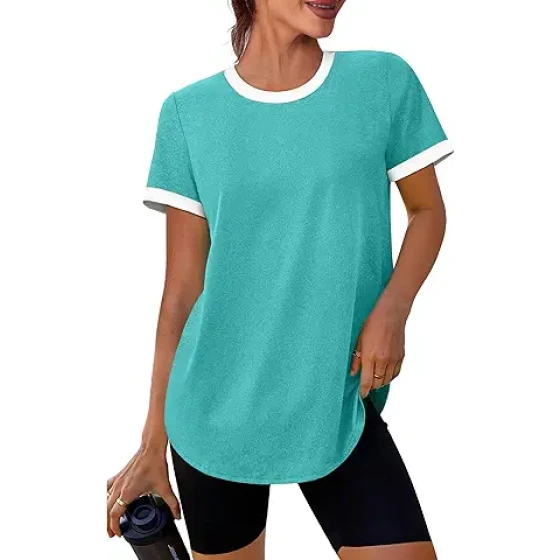 女士运动上衣 夏季短袖T恤 运动撞色健身服套装 防晒UPF 50+ T恤