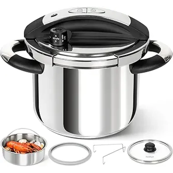 米开朗基罗不锈钢压力锅 6.3 夸脱，三合一压力锅，单手锁定系统，适用于电磁炉，带玻璃盖和蒸笼