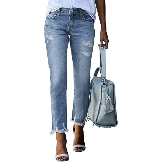 EVALESS 女士高腰收腹直筒九分破洞牛仔裤