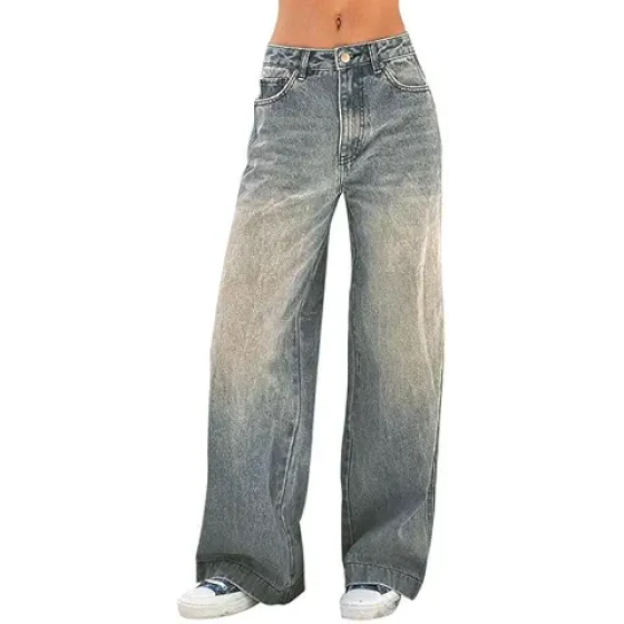 EMMIOL 女士 2026 款阔腿牛仔裤，做旧中腰牛仔裤，复古 Y2K 长裤