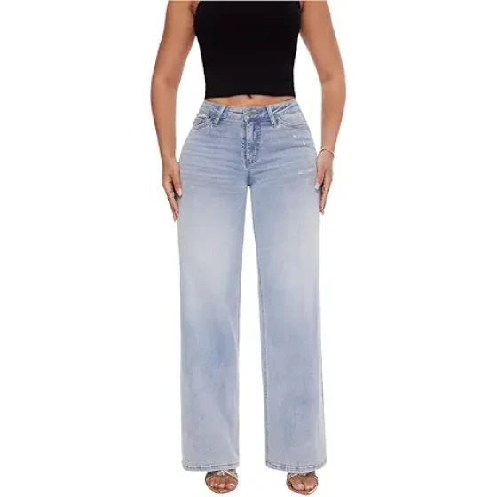 ONESO 中低腰宽松阔腿牛仔裤，女士破洞弹力裤脚，基础款舒适牛仔裤