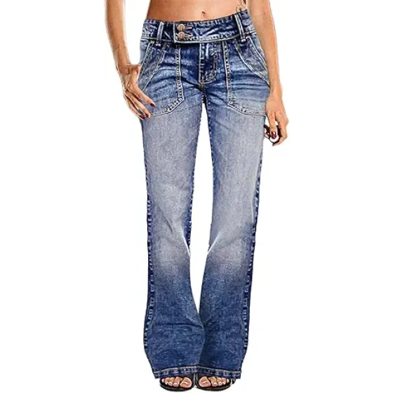 Flamingals 女士阔腿牛仔裤，低腰宽松弹力直筒靴型牛仔裤