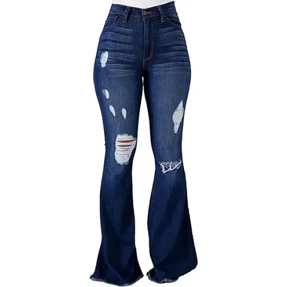 复古喇叭裤，90年代高腰破洞阔腿高腰牛仔裤