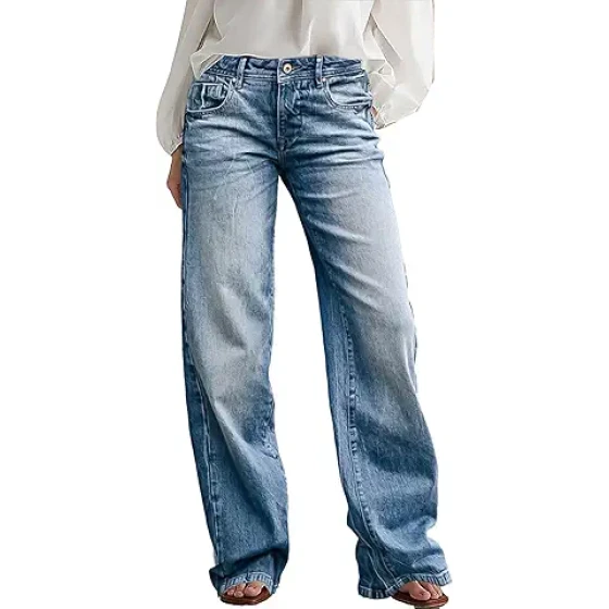 火烈鸟图案女士阔腿牛仔裤，中腰宽松缝线装饰水洗牛仔裤，无腰带