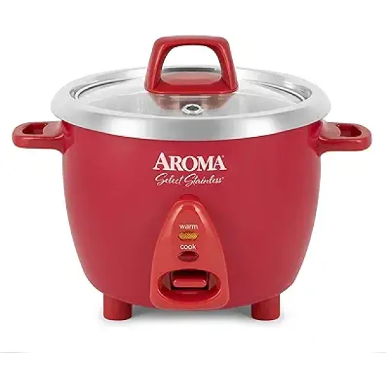 Aroma Housewares Select 不锈钢电饭煲及保温器，带无涂层内胆，6 杯（煮熟后）/ 1.2 夸脱，ARC-753SGR，红色