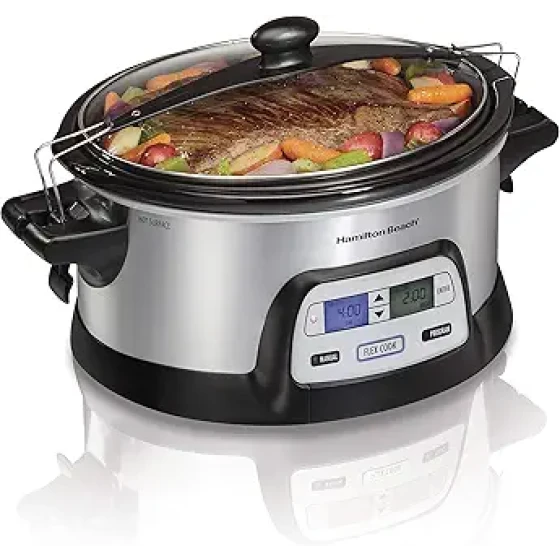 Hamilton Beach 33861 便携式可编程慢炖锅，内胆可放入洗碗机清洗，6 夸脱容量，FlexCook 双数字定时器/2 档加热设置，带盖锁，方便携带，银色