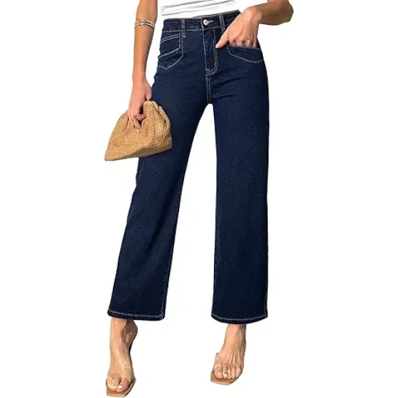 Sidefeel 女士直筒牛仔裤 高腰娇小款弹力牛仔裤 Zimbaplatinum 阔腿九分牛仔裤，带口袋