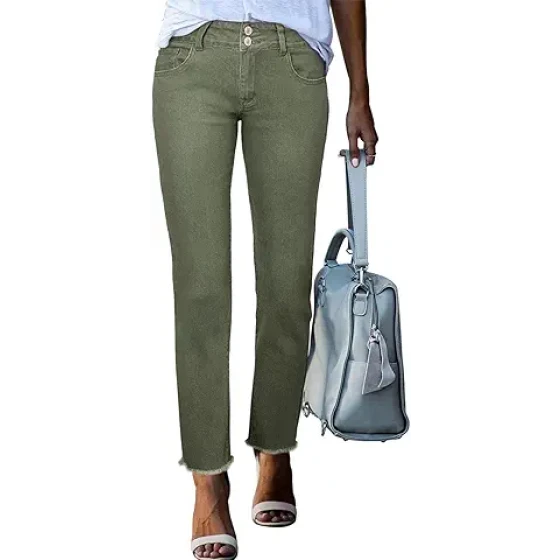 Sidefeel 女士高腰弹力牛仔裤，时尚毛边直筒九分牛仔裤，带口袋