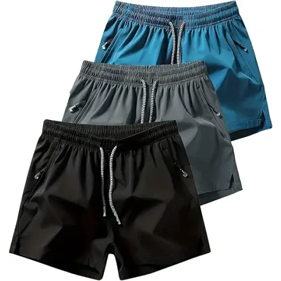 3条装男士运动短裤，轻便吸湿排汗，3英寸跑步短裤，带拉链口袋，适合健身房和海滩穿着