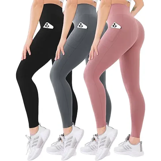 Blisset 女士高腰紧身裤三件装，带口袋，柔软舒适，具有收腹功能，适合瑜伽、跑步和日常穿着