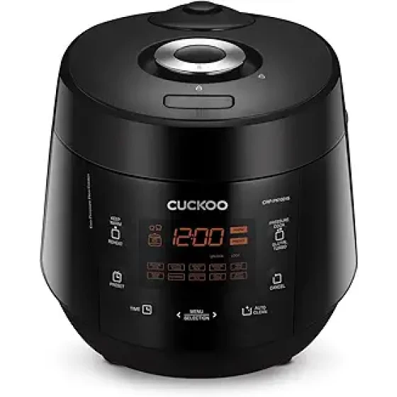 CUCKOO 高压电饭煲，10 杯生米/20 杯熟米容量，不粘内胆，大容量电饭煲，13 种菜单选项，带蒸屉，模糊逻辑技术，自动清洁，黑色