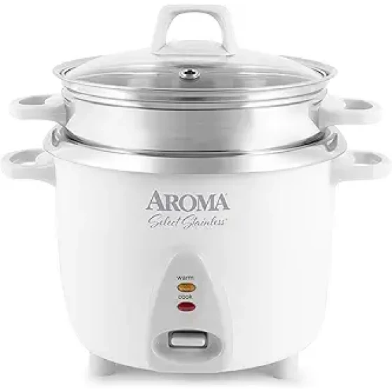 Aroma Housewares 14 杯（熟）/ 3 夸脱不锈钢锅式电饭煲和蒸笼，一键操作，自动保温模式，白色