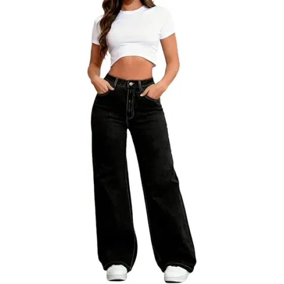 Cuyulitcik 女士加大码阔腿牛仔裤 高腰弹力牛仔裤 蓝色直筒裤型