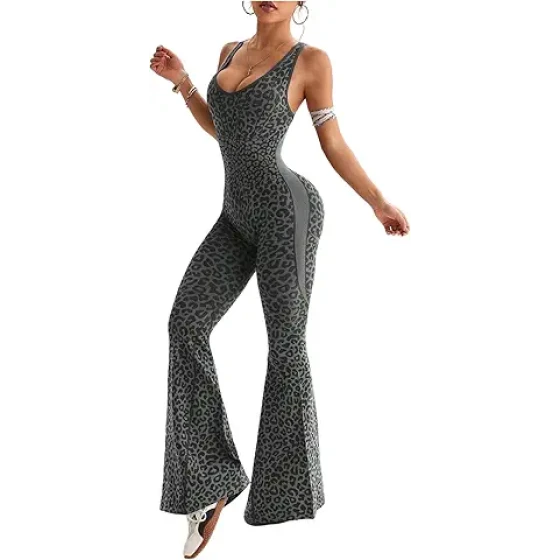 Verdusa 女士猎豹纹瑜伽连体裤，交叉露背无袖运动服，喇叭裤连身裤