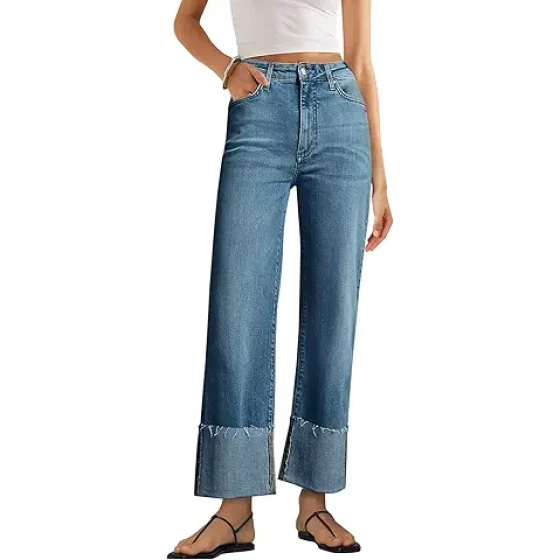 KUNMI 女士阔腿牛仔裤 高腰直筒弹力牛仔裤 带口袋