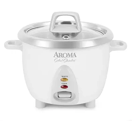 AROMA® Select Stainless® 电饭煲，3 杯（生米）/ 6 杯（熟米），不锈钢内胆，小型电饭煲，自动保温，1.2 夸脱，白色