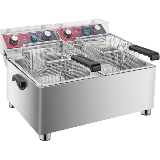 Mvegoiuok 商用双炸锅，带 2 个炸篮，3600W 大容量电炸锅，家用 ​​25QT 鱼炸锅，带油过滤功能，不锈钢材质