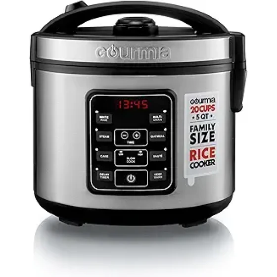 Gourmia 电饭煲 – 5 夸脱容量，煮熟后可煮 20 杯米饭，煮熟后可煮 10 杯生米，数码控制，6 种烹饪预设，可煮谷物和蒸煮，不粘内胆，带蒸屉，延时定时，保温功能，不锈钢材质