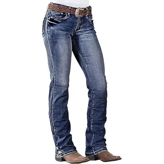 Flamingals 女士中腰直筒牛仔裤，时尚百搭牛仔裤