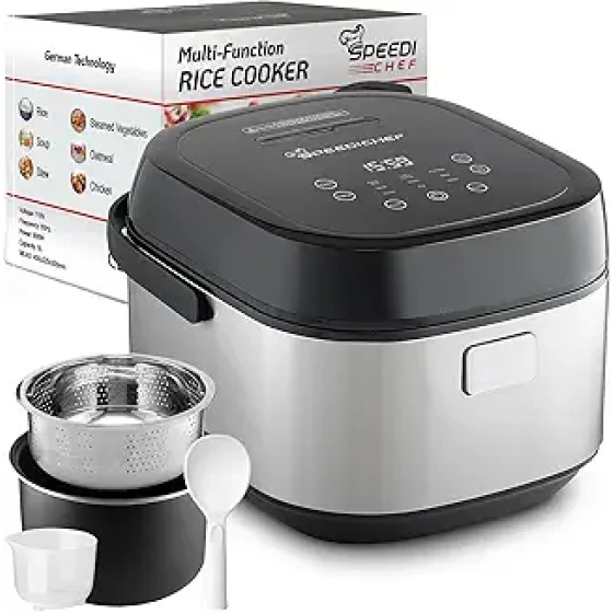 10杯容量电饭煲，带蒸笼 | 智能电饭煲，易清洁不粘内胆 | 延时定时和保温功能 | 无毒无害，不含双酚A | 适合家庭用餐，不锈钢材质